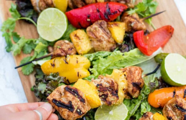 chicken skewer with pineapple and mango