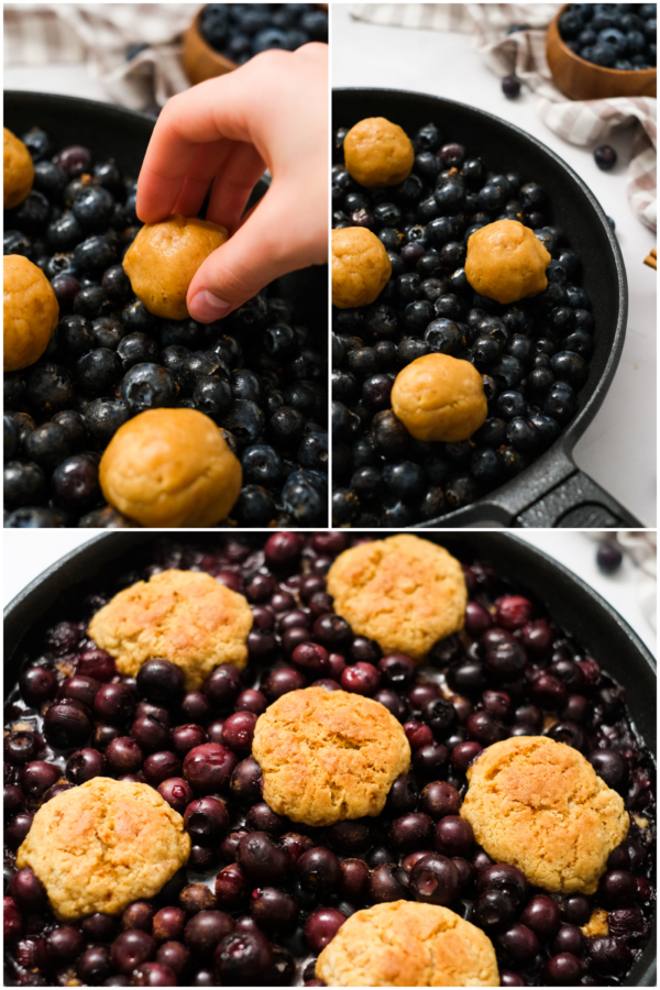 placing cookies on top of Skillet Blueberry Cobbler