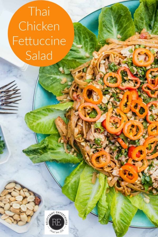Thai Chicken Fettuccine Salad on romaine leaves