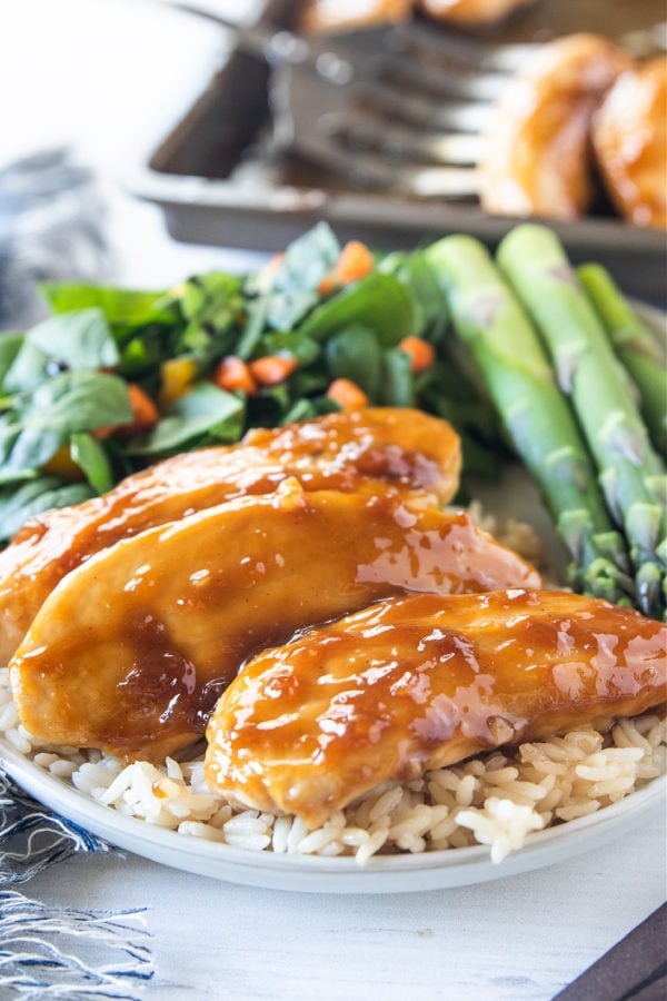 Baked Teriyaki Chicken Tenders with rice and asparagus