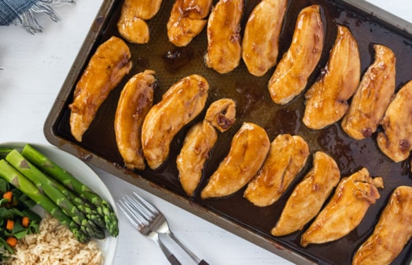 Baked Teriyaki Chicken Tenders on baking sheet