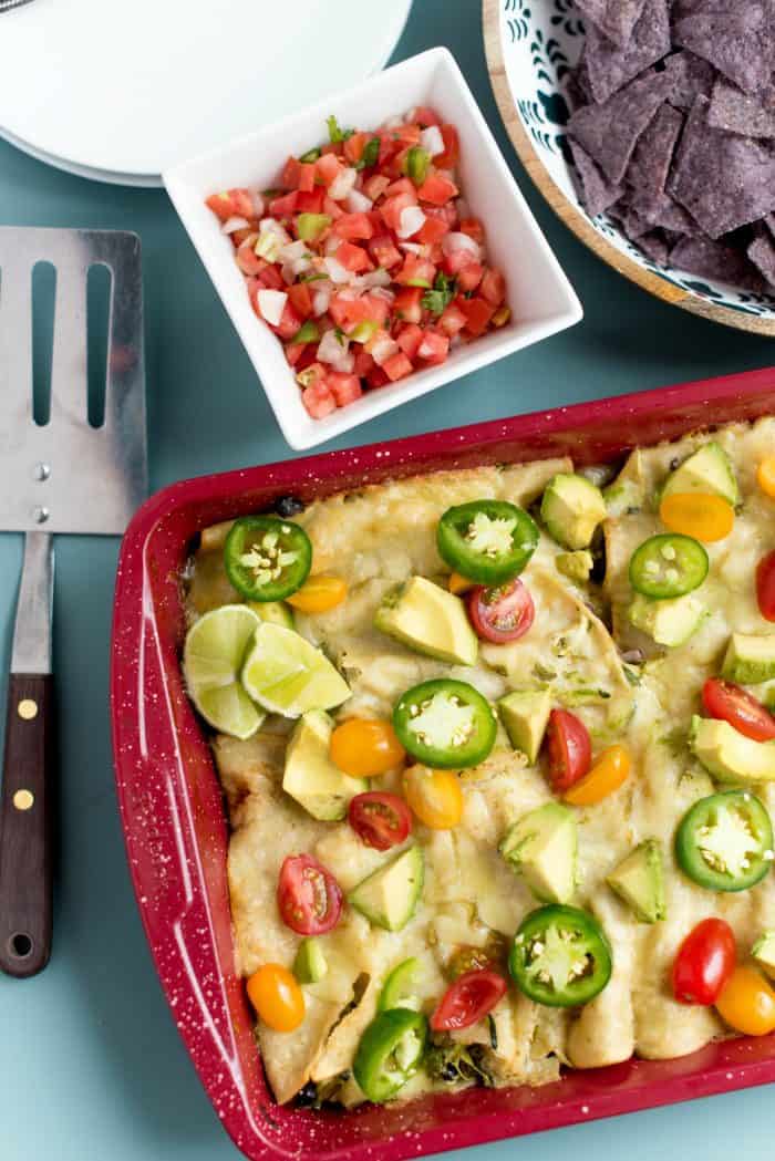 Best Zucchini Cheese Enchiladas Verde with tomatoes and avocados
