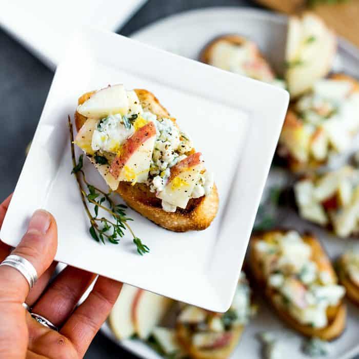 serving of Apple Blue Cheese Crostini Appetizer on a plate