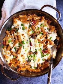 skillet of four cheese pasta dish