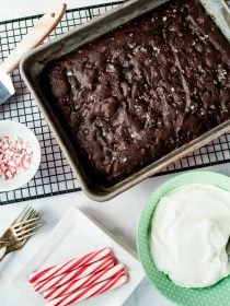 a pan of gluten free peppermint brownies