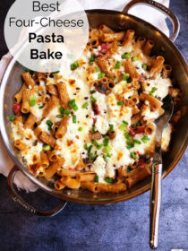 skillet of four cheese pasta bake
