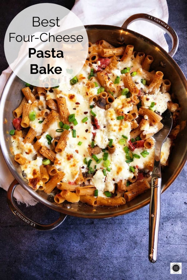 skillet of four cheese pasta bake
