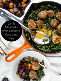 Lamb Meatballs with Coconut Creamed Kale and a serving on a plate
