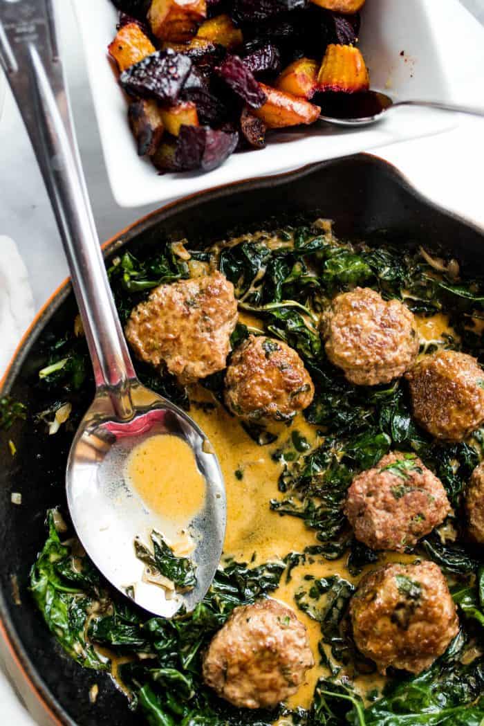 Lamb Meatballs and Coconut Creamed Kale