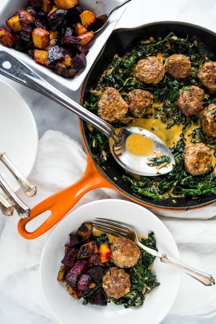 Lamb Meatballs with Coconut Shallot Creamed Kale