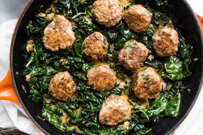 Tasty Lamb Meatballs and Coconut Shallot Creamed Kale