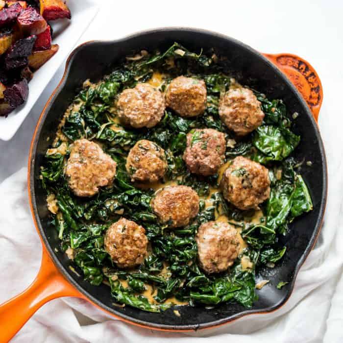 Lamb Meatballs and Coconut Creamed Kale Sauce