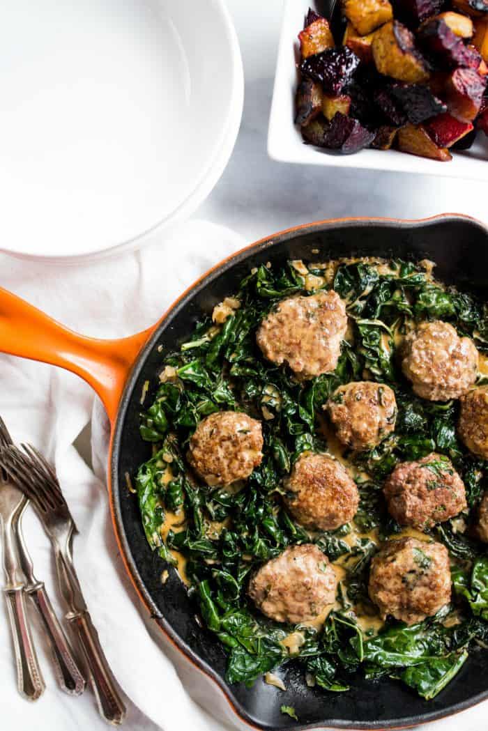 BEST Lamb Meatballs and Coconut Shallot Creamed Kale