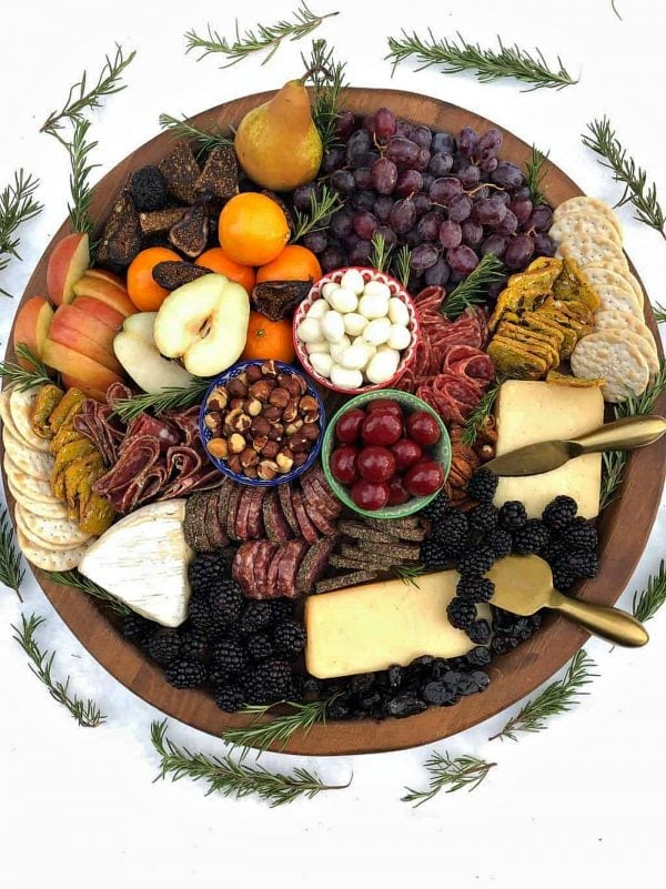 round charcuterie with winter foods