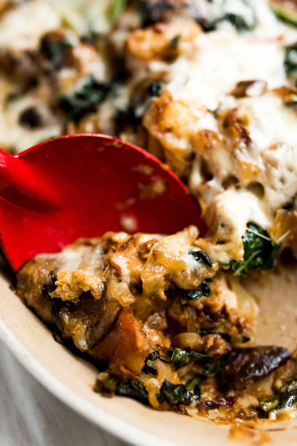 Cheesy Mushroom Kale Challah Bread Pudding - Reluctant Entertainer