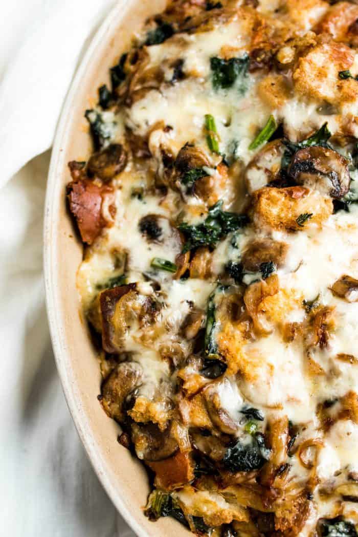 Cheesy Mushroom Kale Challah Bread Pudding - Reluctant Entertainer