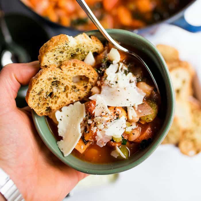 BEST Easy White Bean Soup with baguette toasts