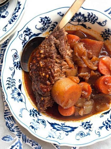 blue and white bowl of beer beef chuck roast