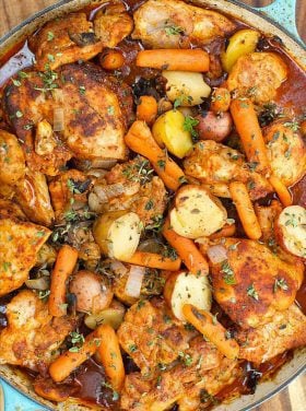saucy paprika chicken thighs with carrots and potatoes