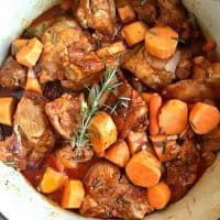 dutch oven of paprika chicken thighs