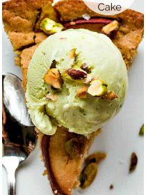 slice of per cake with pistachio ice cream and choopped pistachios
