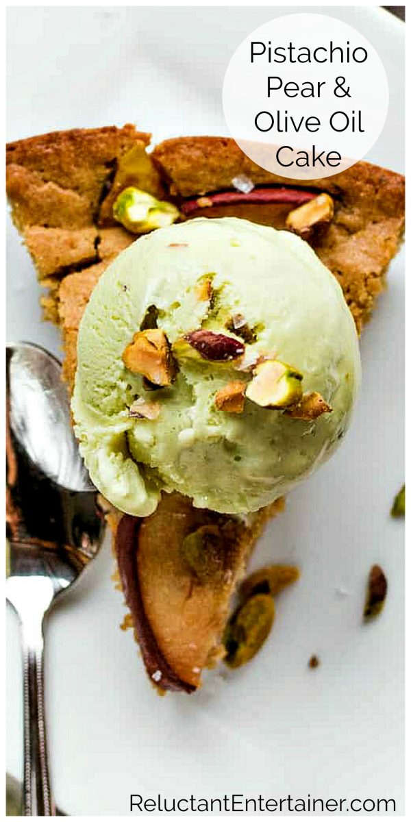 slice of per cake with pistachio ice cream and choopped pistachios