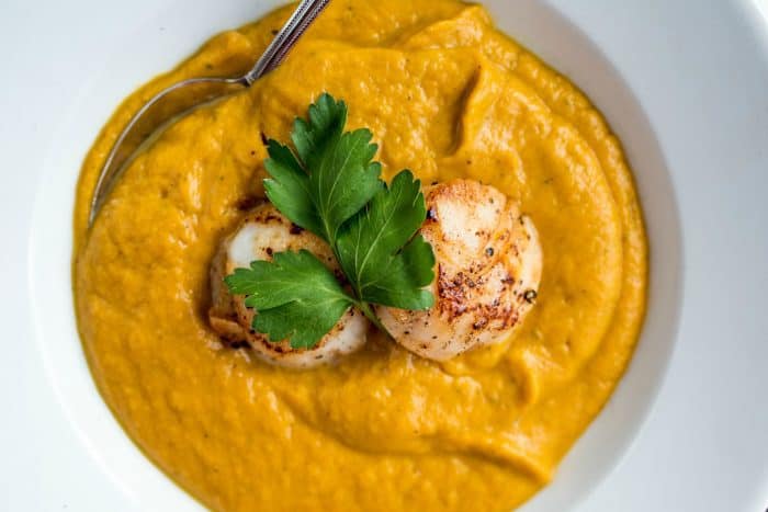 Easy Seared Scallops Coconut Butternut Soup