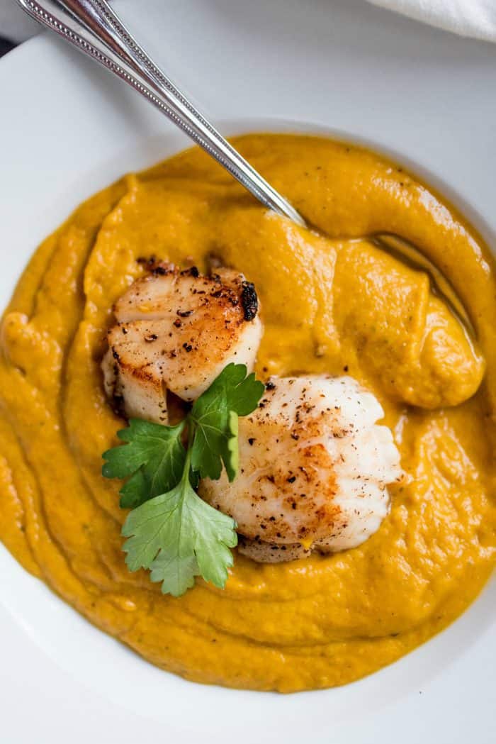 Delicious Seared Scallops Coconut Butternut Soup