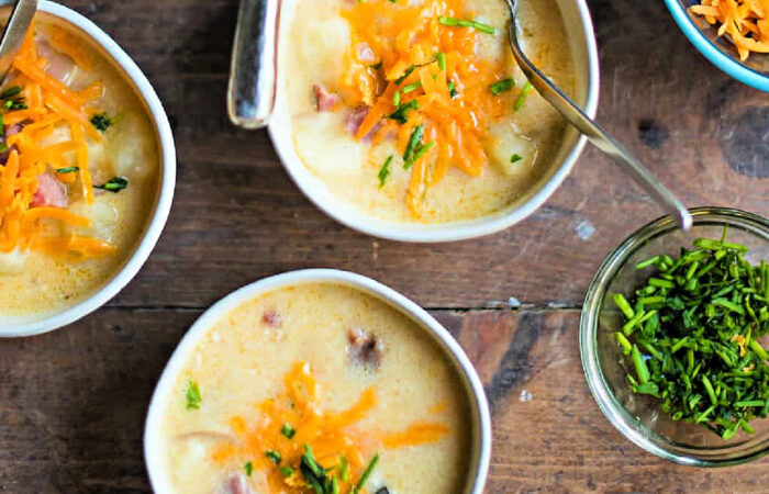 Baked Potato and Ham Soup with cheese