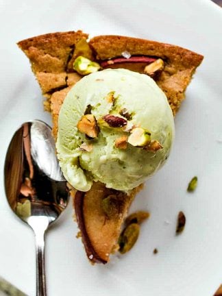 pear cake with pistachio ice cream
