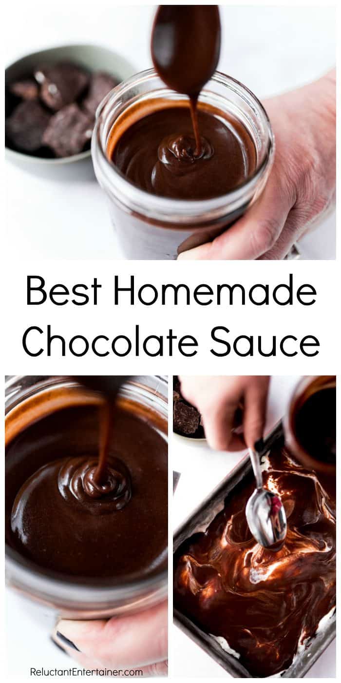 spooning Homemade Chocolate Sauce in a jar