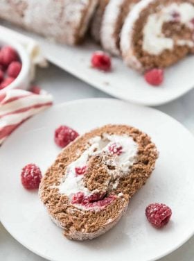 a chocolate rolled angel food cake with cream