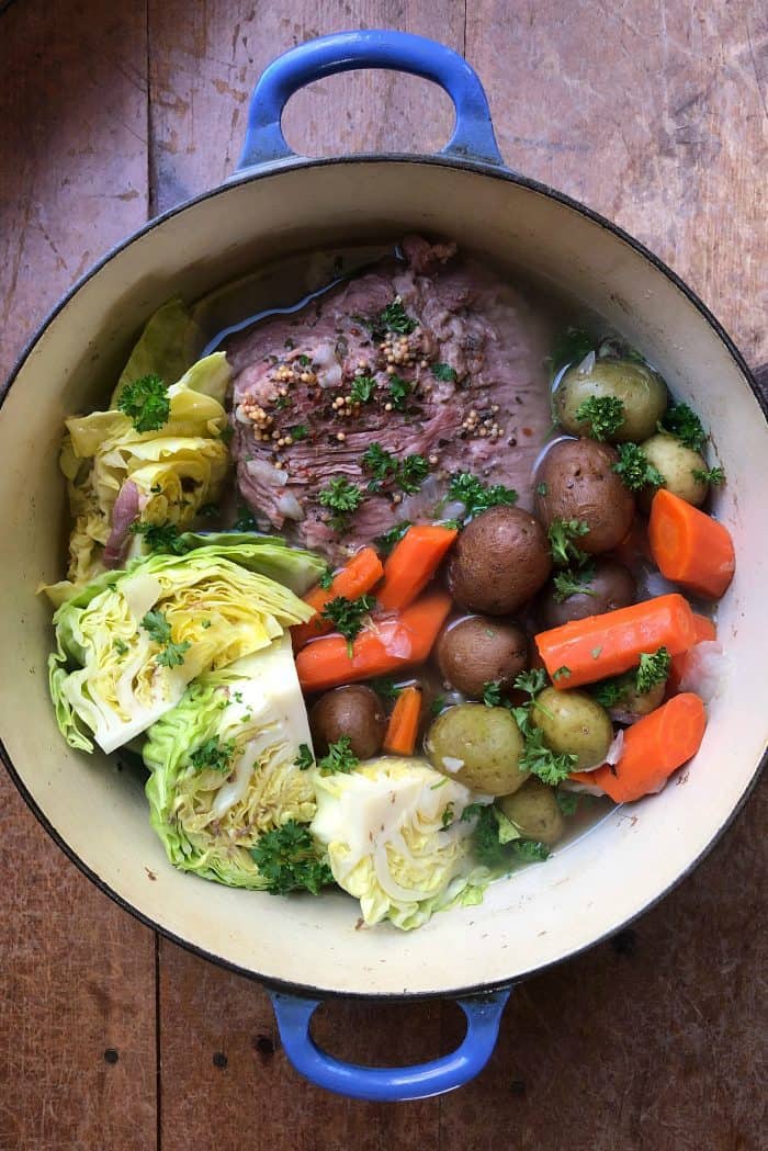 blue pot of Corned Beef and Cabbage