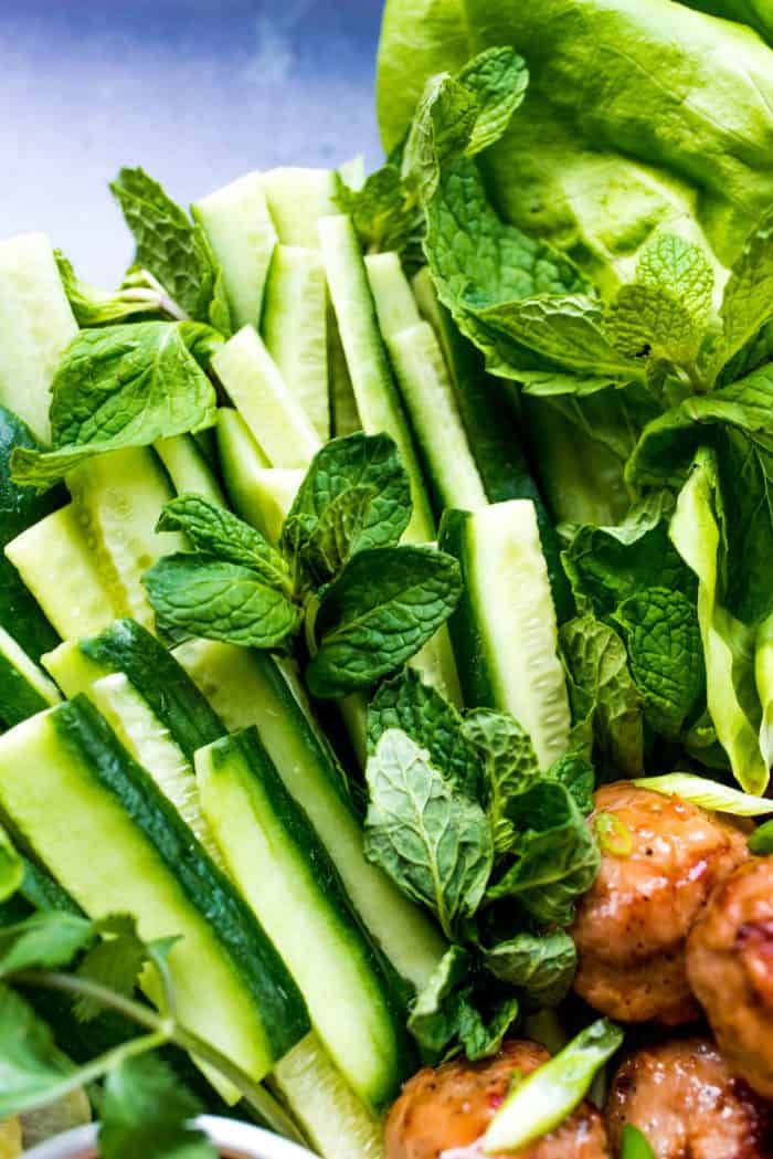 Meatball Chicken Lettuce Wraps Plate - herbs