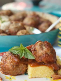 turkey meatballs, a serving of 2 on piece of polenta