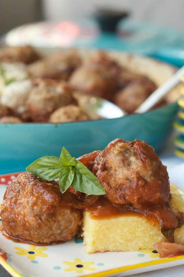 turkey meatballs, a serving of 2 on piece of polenta