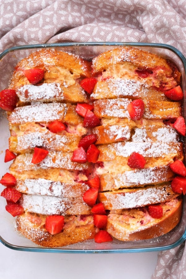 a pan of Strawberry Lemon Ricotta French Toast