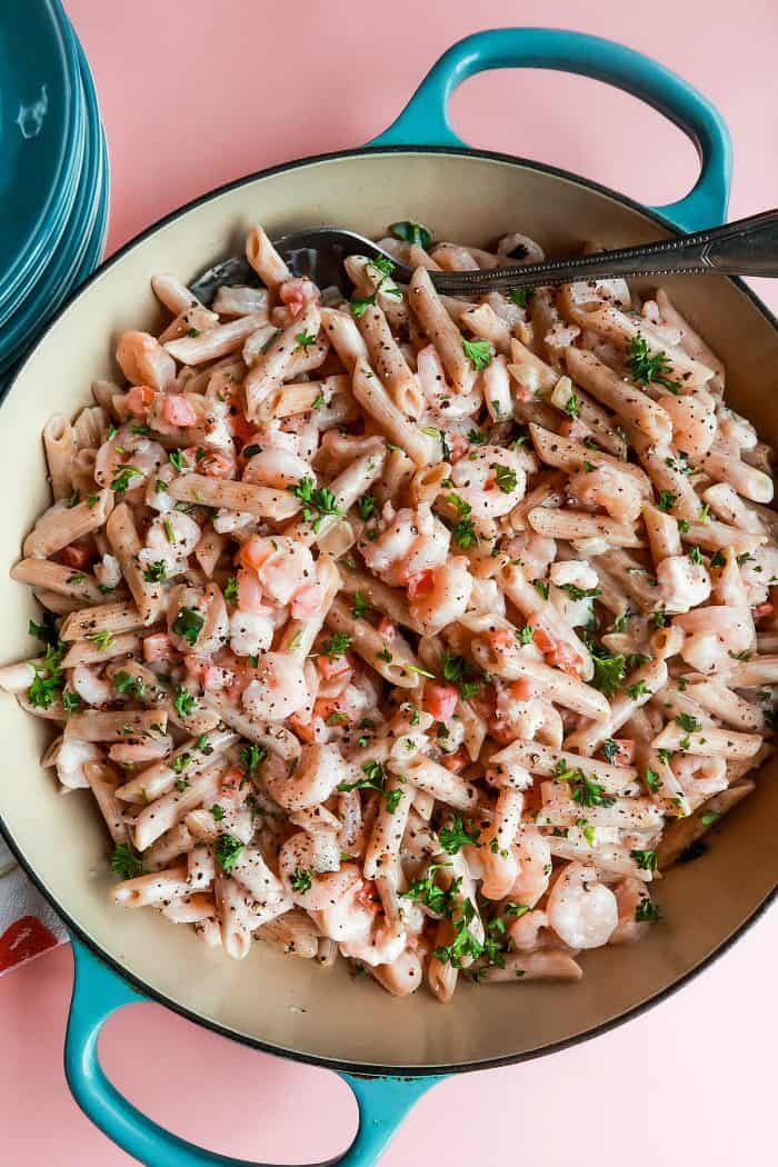 blue pot of Quick Alfredo Shrimp Penne