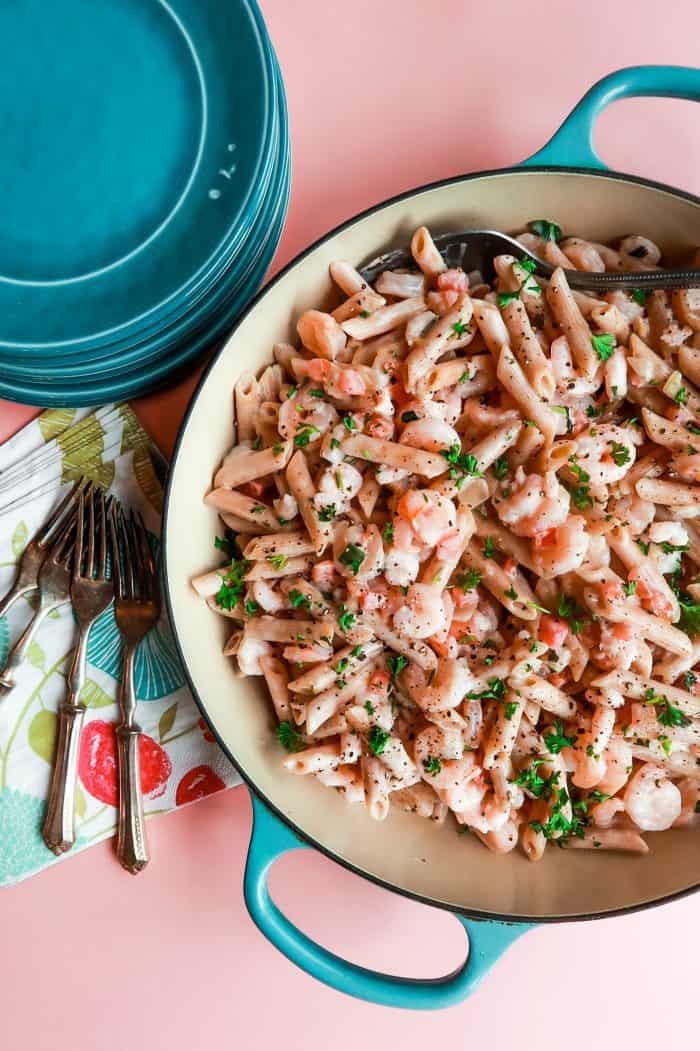 pot of Quick Alfredo Shrimp Penne