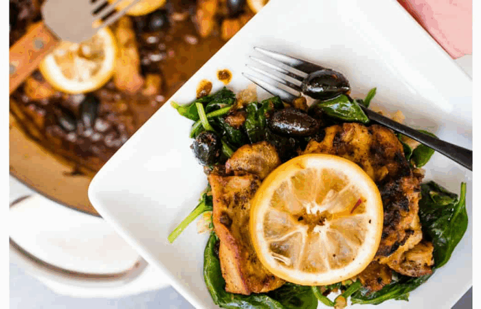 a serving of Baked Lemon Chicken and Olives