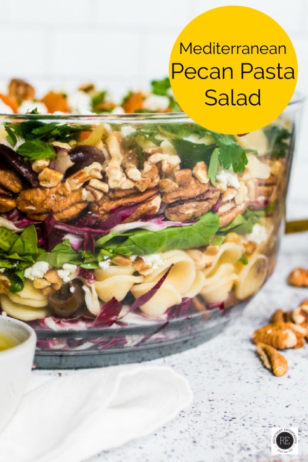 glass bowl of Mediterranean Pecan Pasta Salad