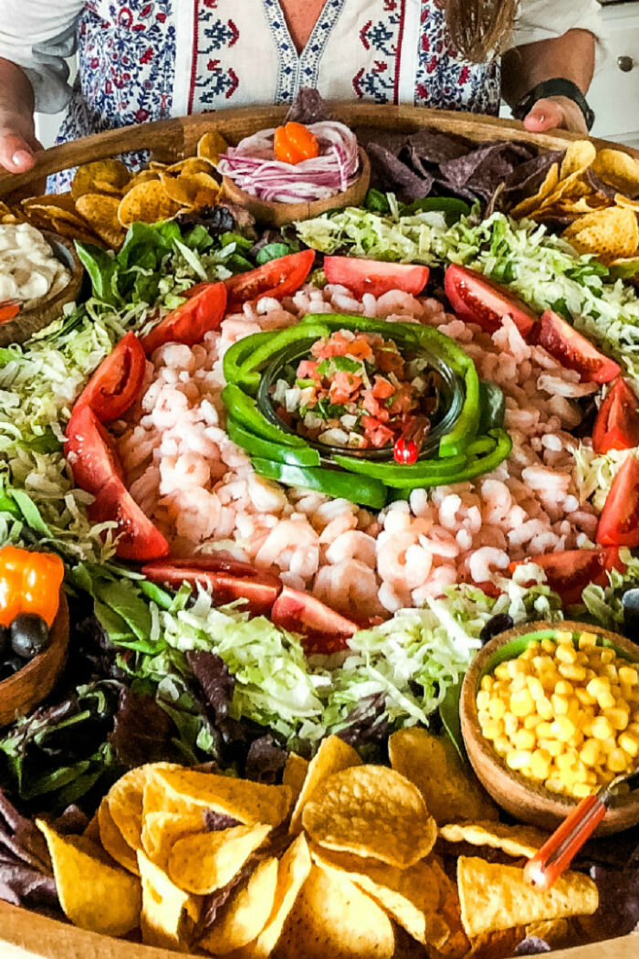 mexican taco salad board with shrimp