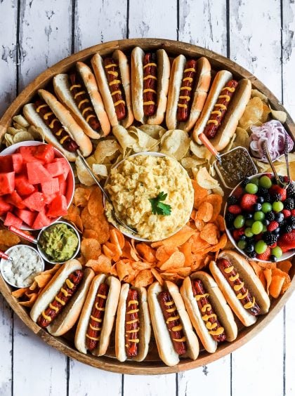 epic hot dog board with potato salad