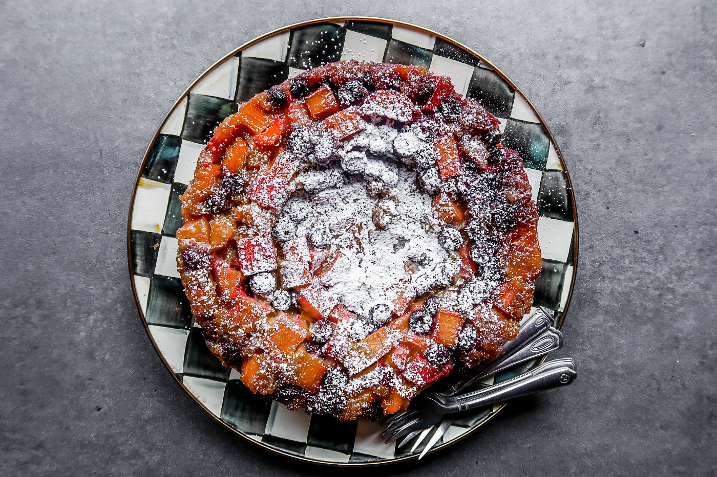 Rhubarb Blueberry Upside-Down Cake - Reluctant Entertainer