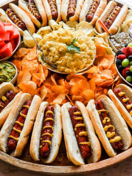 potato salad in center of hot dog boards
