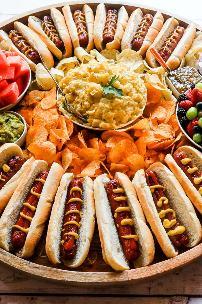 potato salad in center of hot dog boards