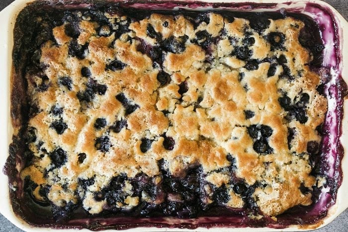 9x13 pan of blueberry cobbler