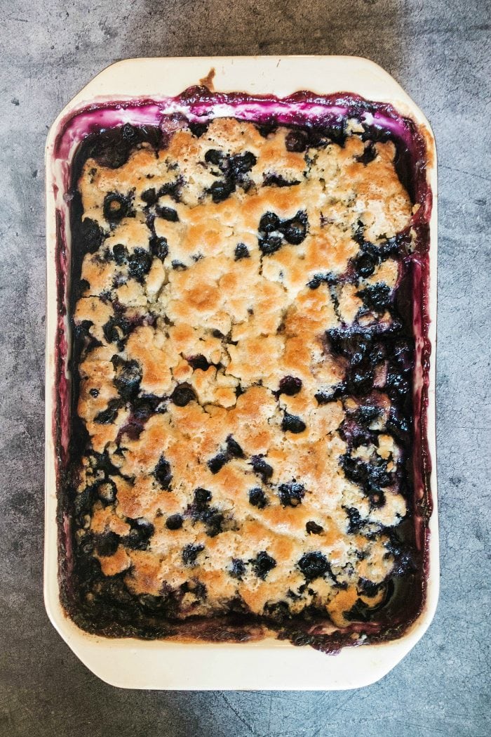 blueberry cobbler with a brown crusty topping