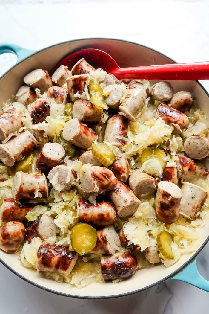 Trader Joe's Brats and Sauerkraut - Reluctant Entertainer