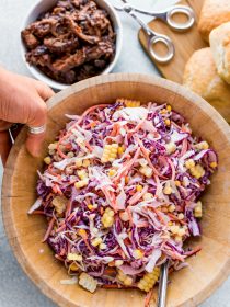 serving cole slaw with beef sliders